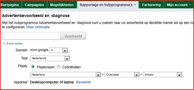 Advertentievoorbeeld en -diagnose Google AdWords