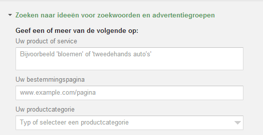 Zoekmogelijkheden keyword planner